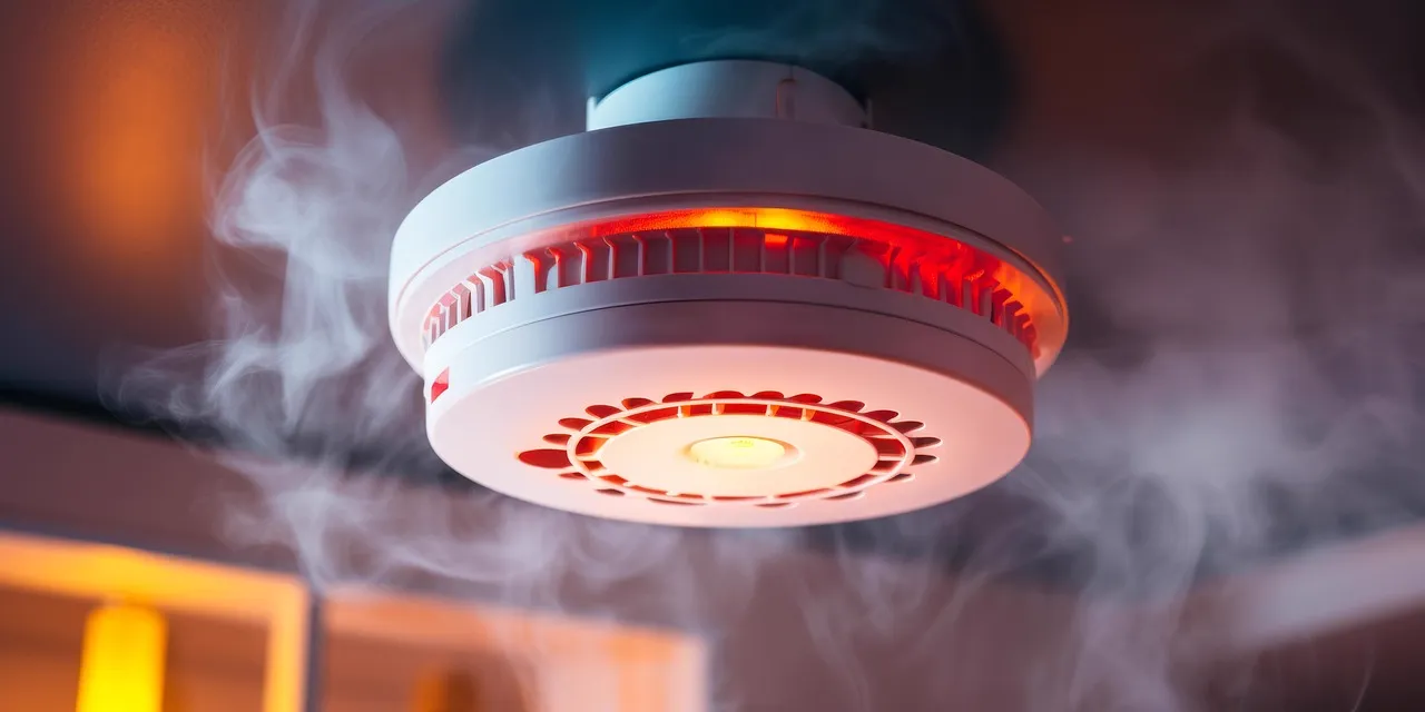 Rauchwarnmelder an der Decke mit rot leuchtendem Signal und Rauch